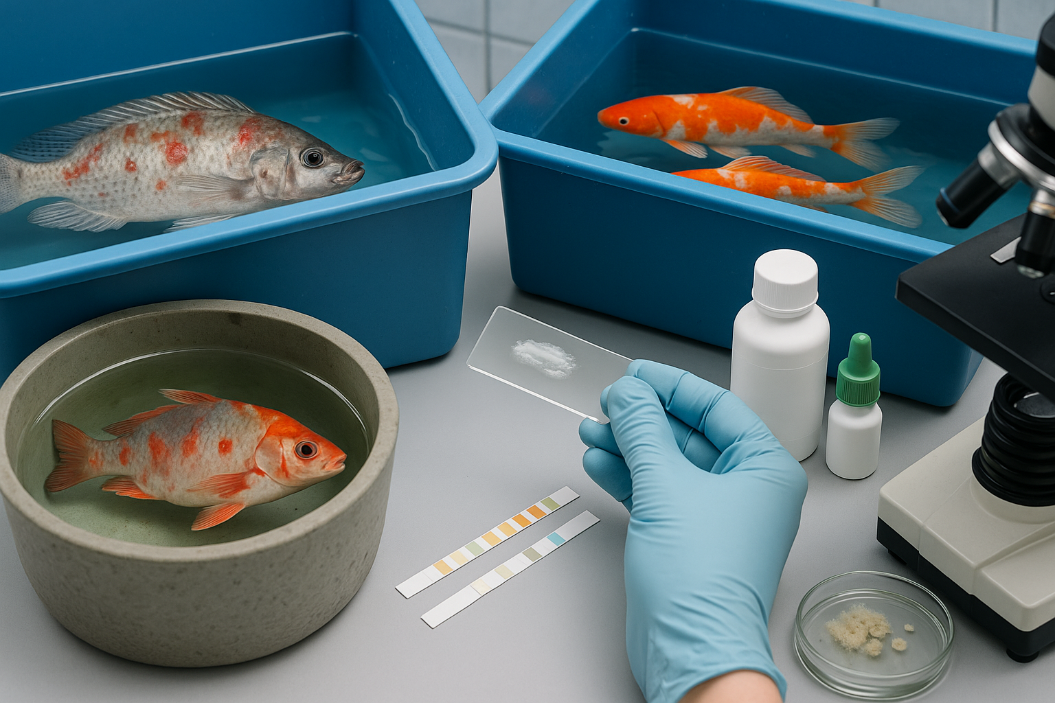 الأمراض البكتيرية الشائعة في أسماك الأحواض والتربية المكثّفة: دليل عملي للمربي للتشخيص والعلاج