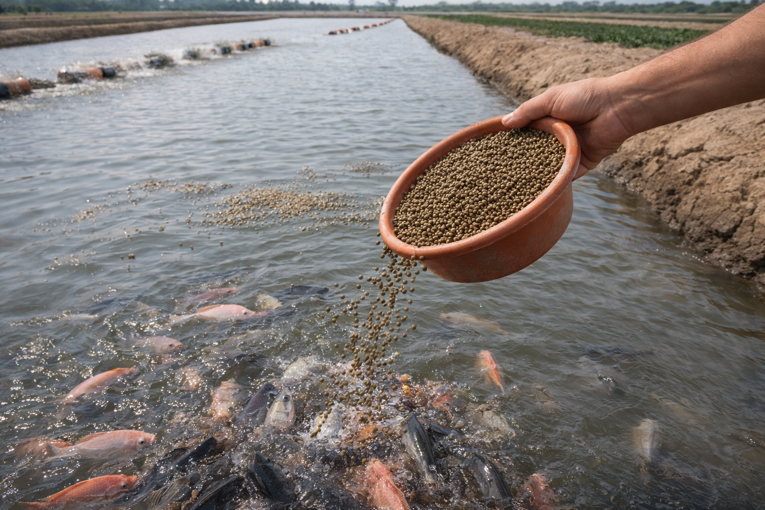 تغذية أسماك اللحم (البلطي – الكارب – السلور) في الأحواض الترابية